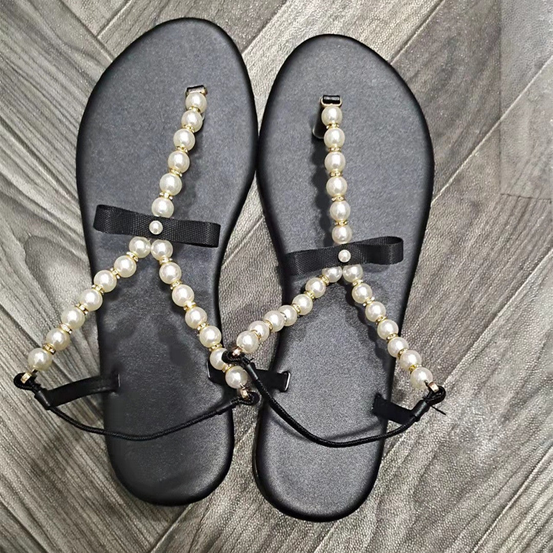 Pearl Thong Sandals Summer Women's Flat Flip-on Beaded Roman Shoes