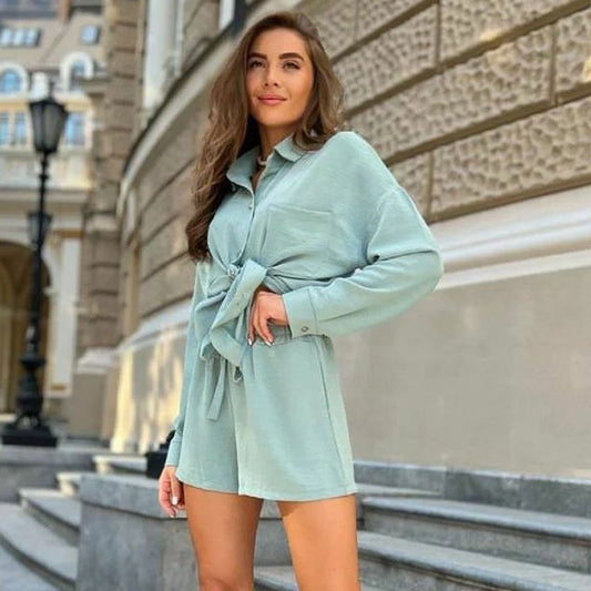 European And American Suit Women's Fashion Casual Linen Fabric Loose Shirt Lace-up Summer Shorts Two-piece Set