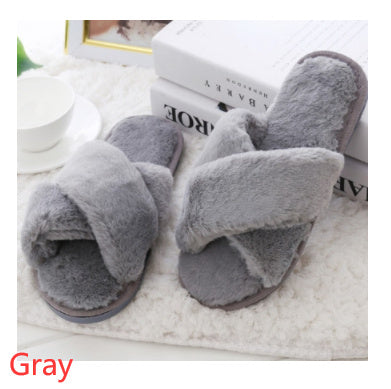 Winter Women Home Slippers With Faux Fur Fashion Warm Shoes Woman Slip On Flats Female Slides Black Plus Size