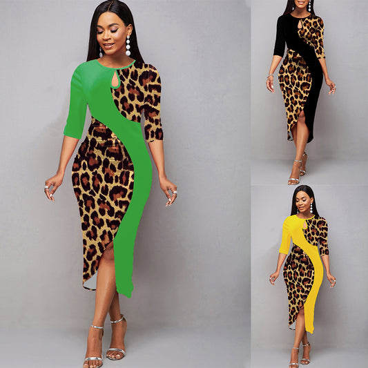 Intellectual Style Elegant Women's Leopard Print Pullover Round Neck Irregular Sheath Dress