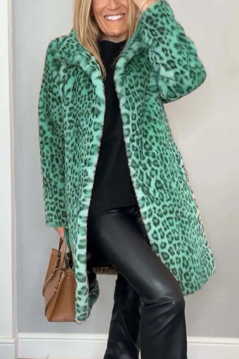 Fall Winter Leopard Print Plush Mid-length Coat