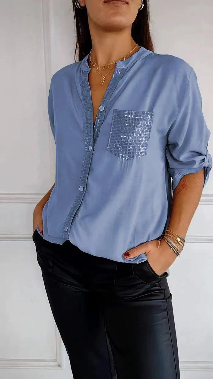 Casual Button-down Long Sleeve Shirt With Sequin Pocket Design Fashion Commuter Top Women Clothing