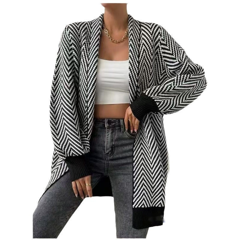 Striped Contrast Color Brocade Sweater Coat For Women