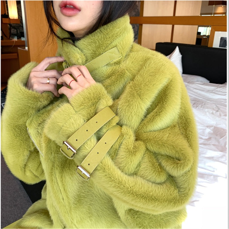 Women's coat leather buckle fur coat women