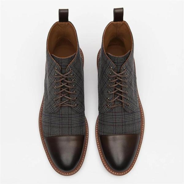 Lace-up Low-Top Men's Boots With Checkered Fabric