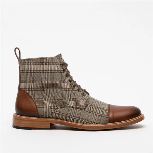 Lace-up Low-Top Men's Boots With Checkered Fabric