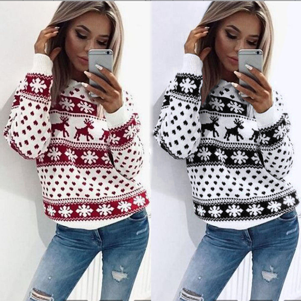 Fashion Tops Knit Christmas Snow Deer Autumn Winter Long Sleeve Jumper Womens