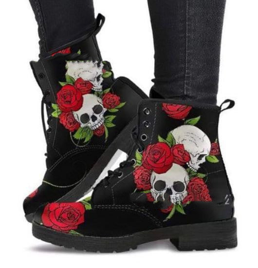 Women Ankle Boots Low Heels Shoes Woman Vintage Pu Leather Autumn Warm Winter high Snow Boots Motorcycle Skull Pansy