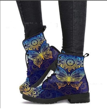 Women Ankle Boots Low Heels Shoes Woman Vintage Pu Leather Autumn Warm Winter high Snow Boots Motorcycle Skull Pansy