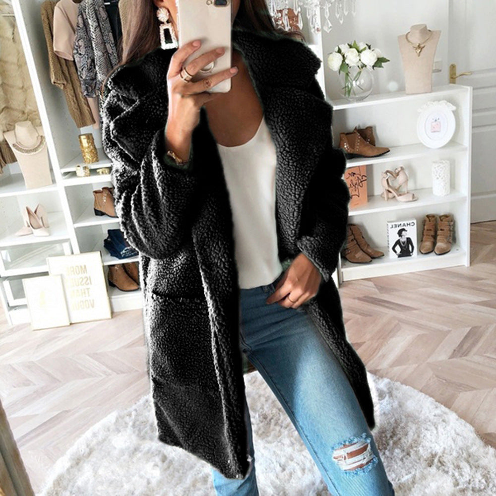 Long faux fur coat suit collar women casual coat