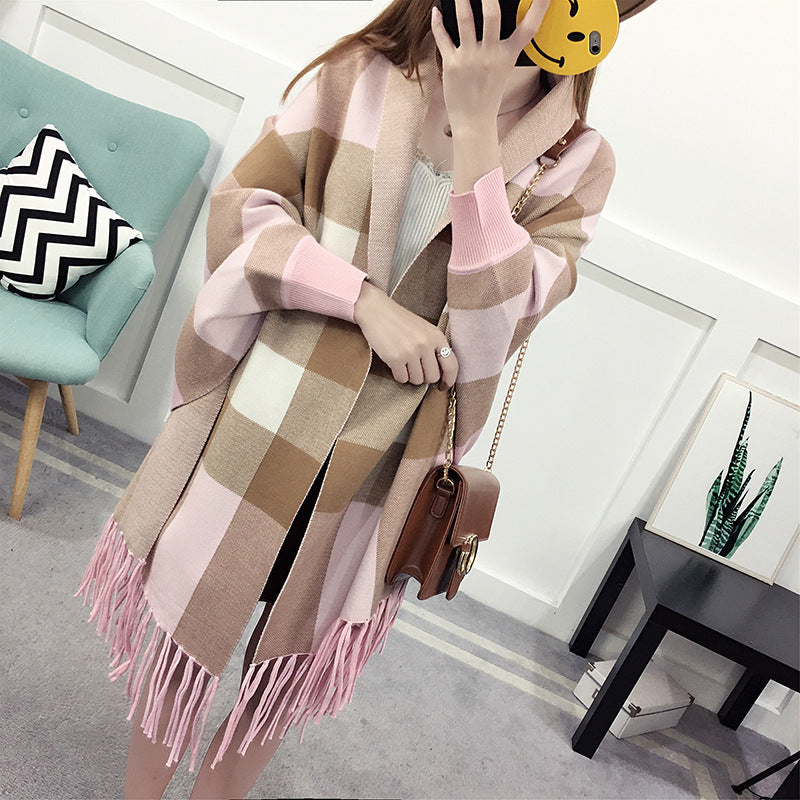 Cape style shawl fringed sweater coat women