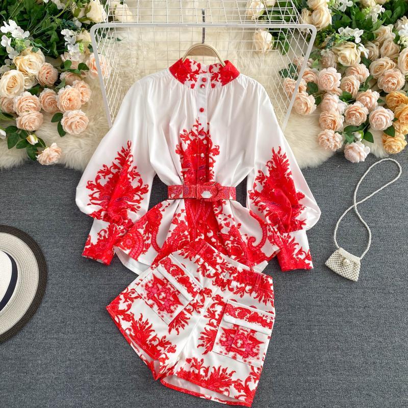 Two Piece Set Women Vintage Printed Pull Sleeve Blouse Tops And Woman Shorts Fashion 2 Piece Set Fall Clothing