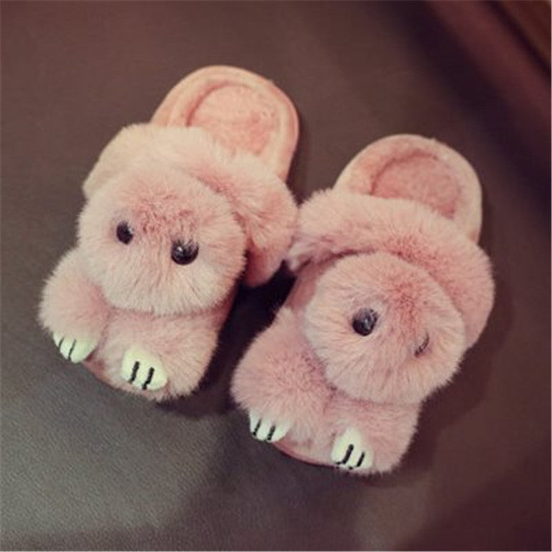 Kids Winter Slippers Cute Rex Rabbit Fur Girls Home Shoes