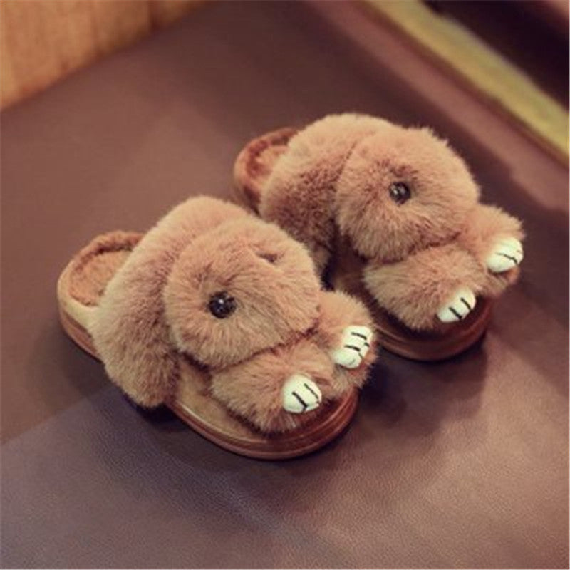 Kids Winter Slippers Cute Rex Rabbit Fur Girls Home Shoes