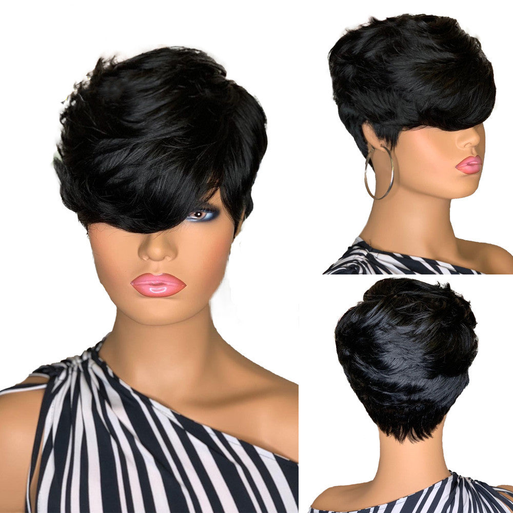 Chemical Fiber Hair, Black Oblique Bangs, Short Hair, Fluffy Short Straight Hair, Short Wig Headgear