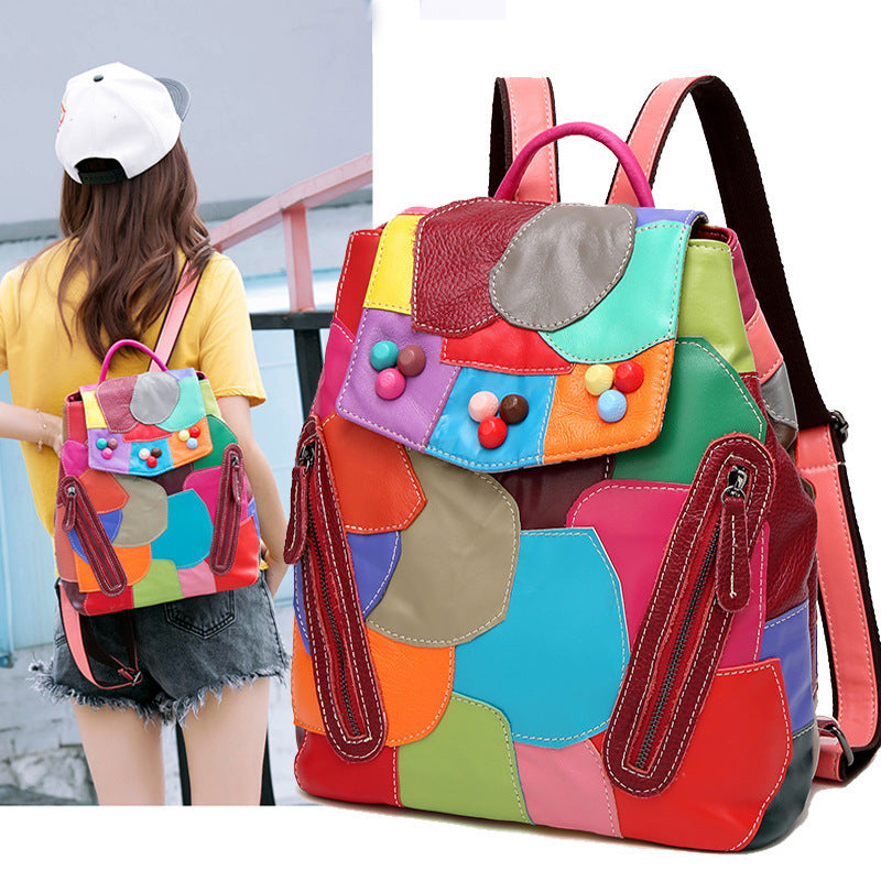 Sheepskin Woman Bag Splicing Color Backpack Fashion