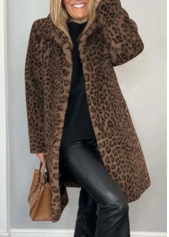 Fall Winter Leopard Print Plush Mid-length Coat