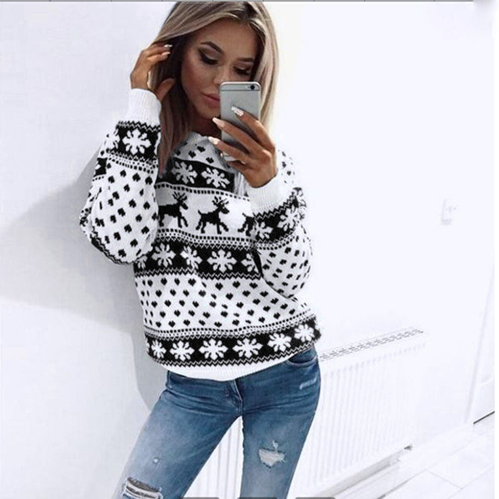 Fashion Tops Knit Christmas Snow Deer Autumn Winter Long Sleeve Jumper Womens