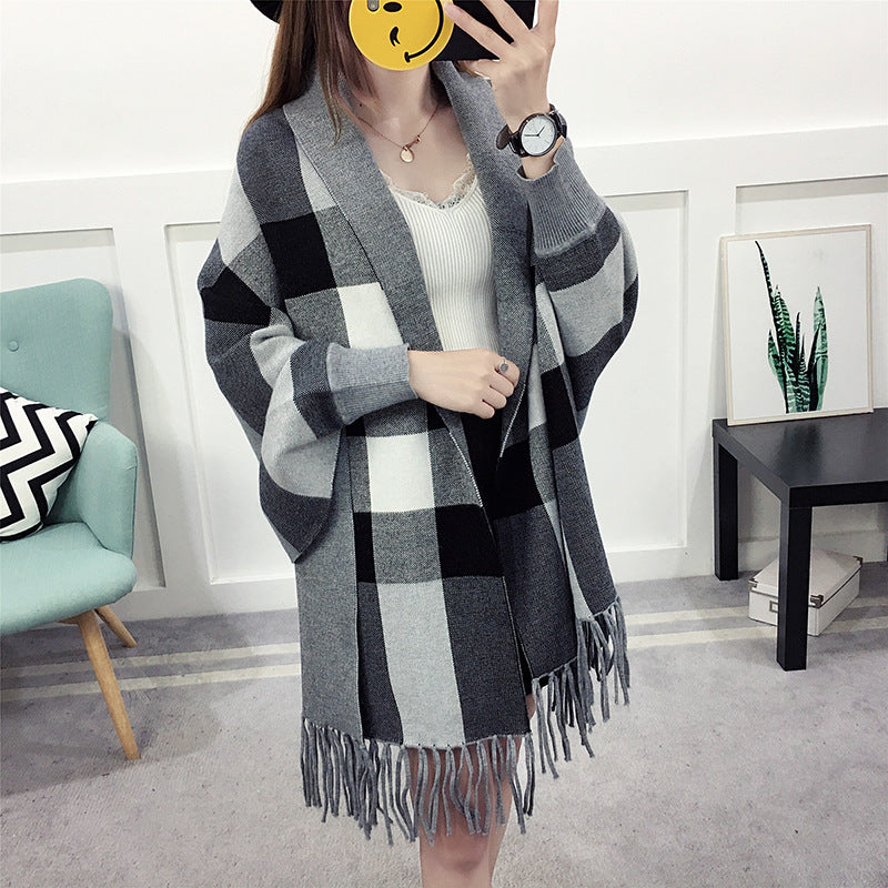 Cape style shawl fringed sweater coat women