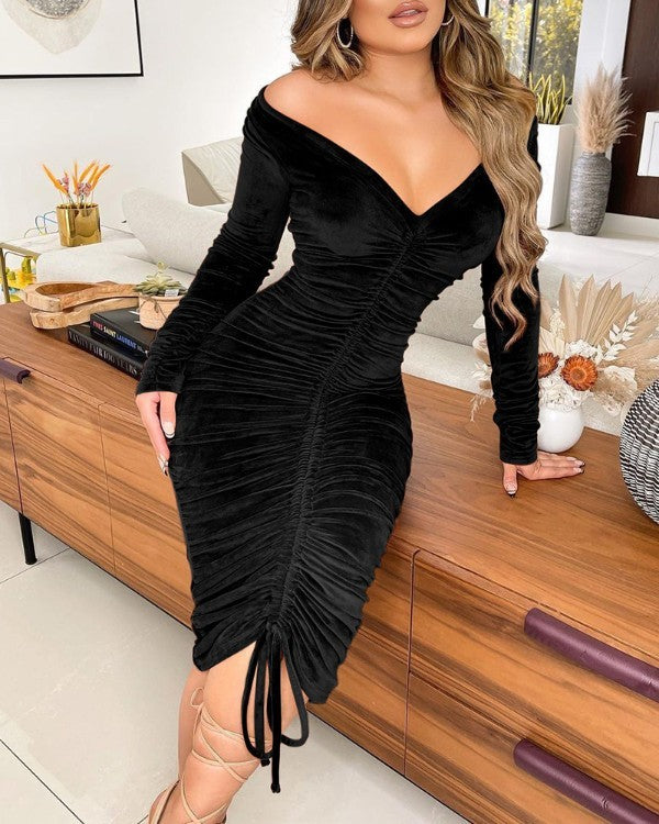 Solid Color High Waist Mid-length Dress