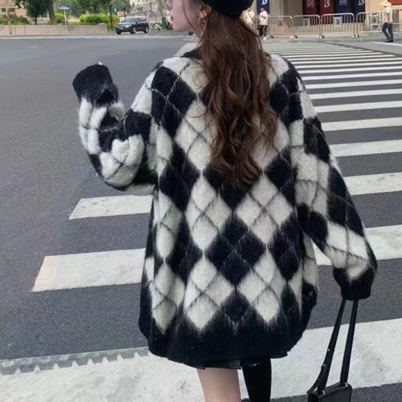 Plaid Knitted Cardigan Coat For Women