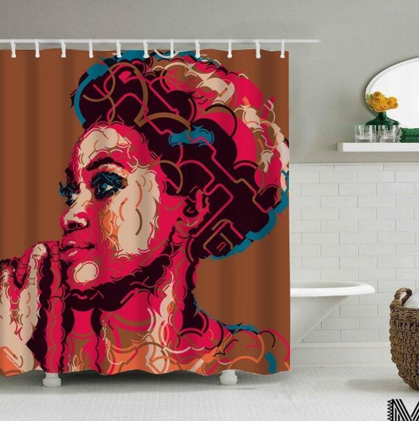 Art Design Graffiti Art Hip Hop African Girl with Black Hair Big Earring with Modern Building Shower Curtain for Bathroom Decor