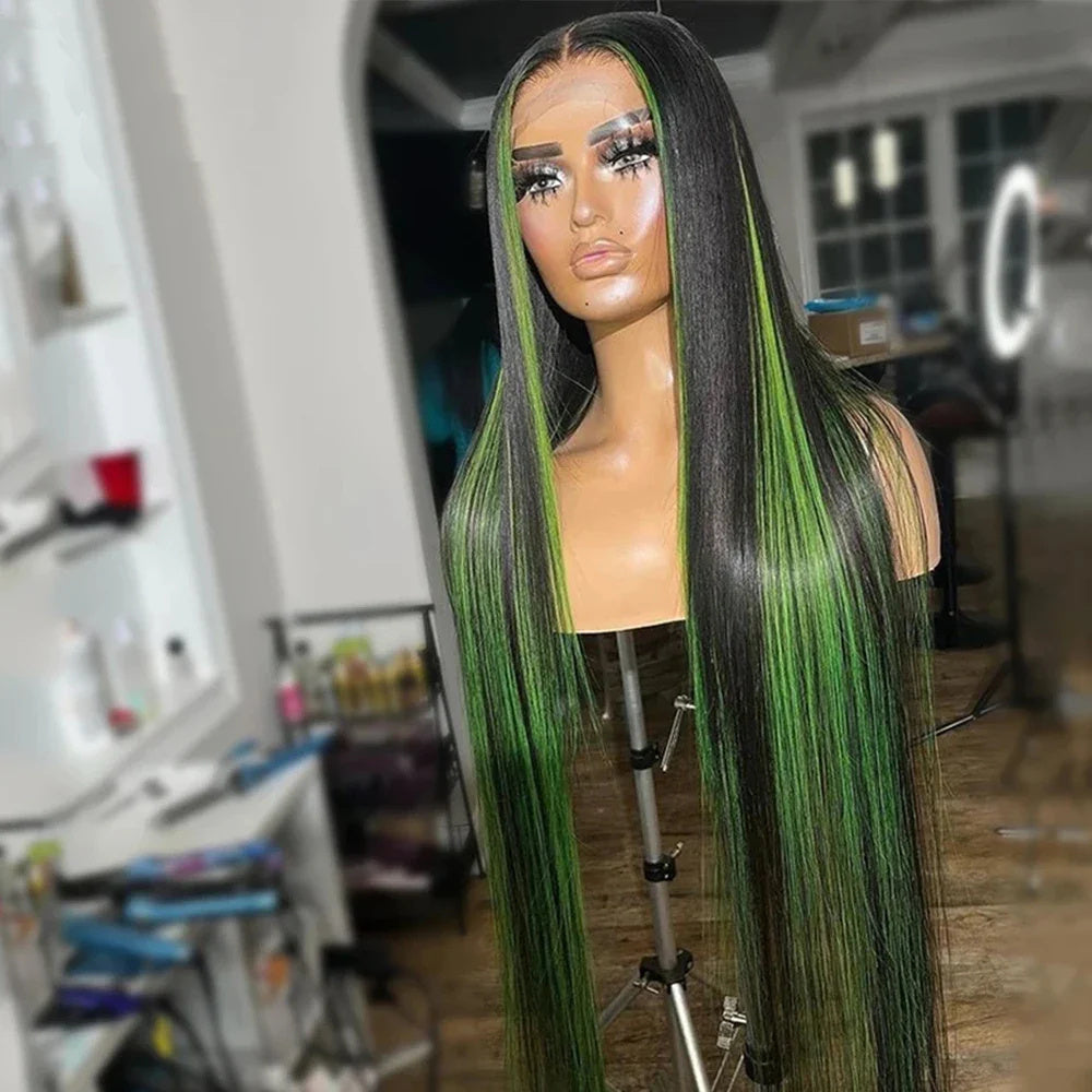 Green Highlight Straight Hair Lace Wig