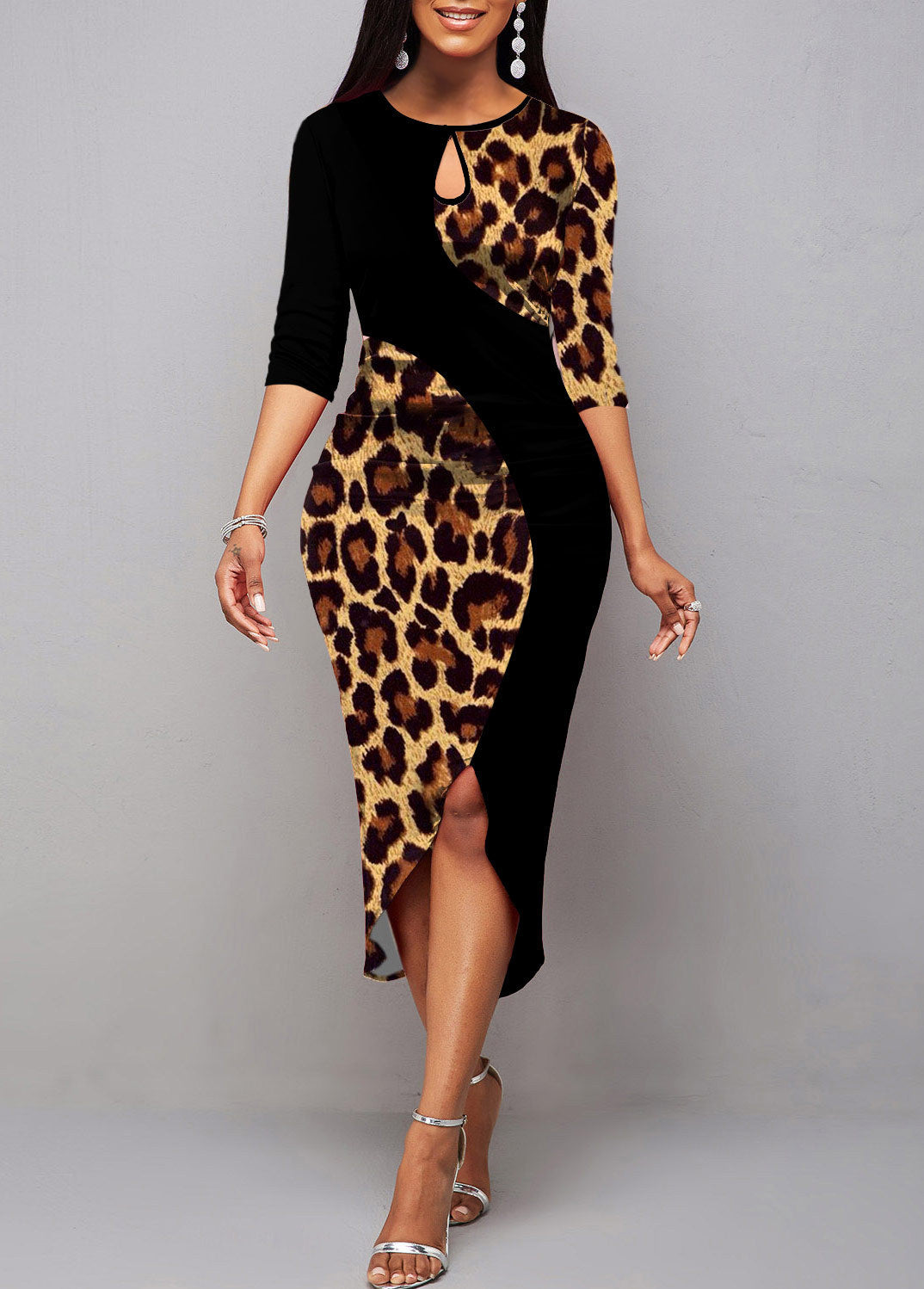 Intellectual Style Elegant Women's Leopard Print Pullover Round Neck Irregular Sheath Dress