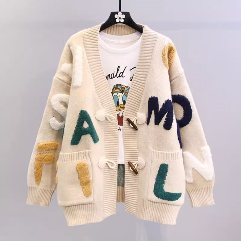 Horn Button Letter Sweater Coat For Women