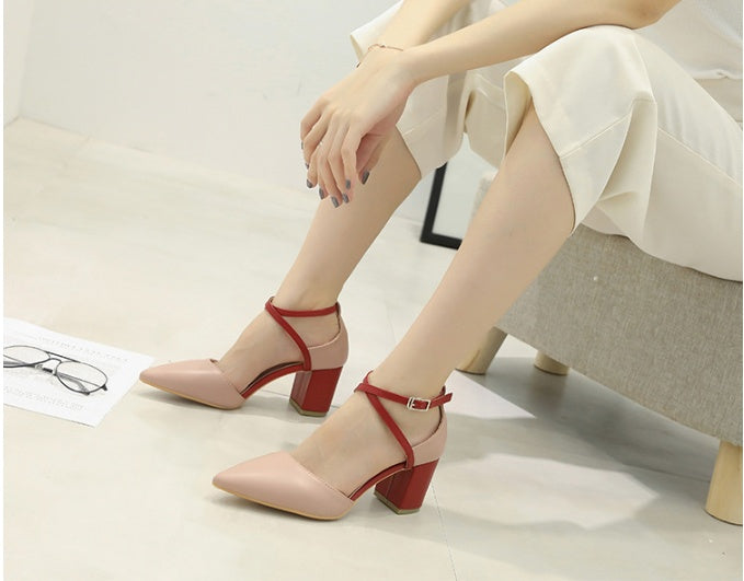 Cross Strap Pointed Colorblock Hollow Heel Heel Ladies Heels