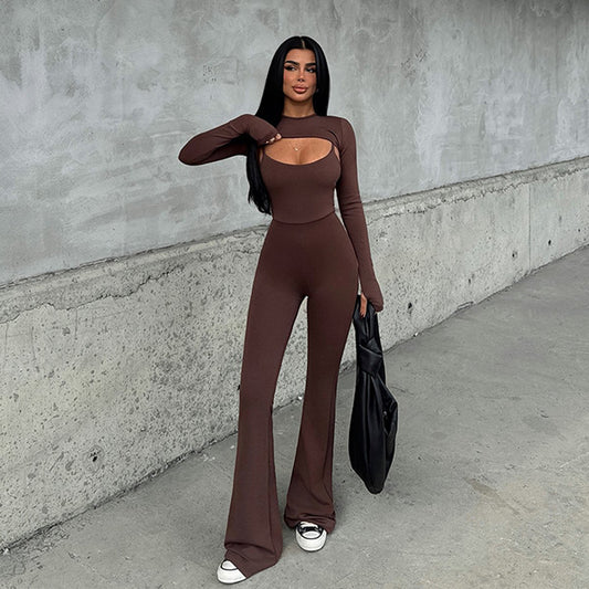 Sexy Round Neck Long Sleeve No Back Tight Sports Jumpsuit Two-piece Set