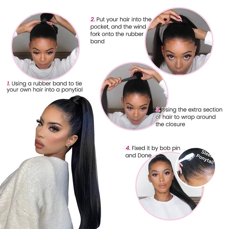 Natural Black Velcro Ponytail Straight Hair Wig