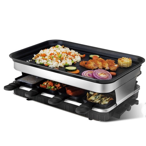 Raclette Grill 8 People Grill Plate Non-stick Coated, Raclette With 8 Mini Raclette Pans, Infinitely Adjustable Temperature, 1500W