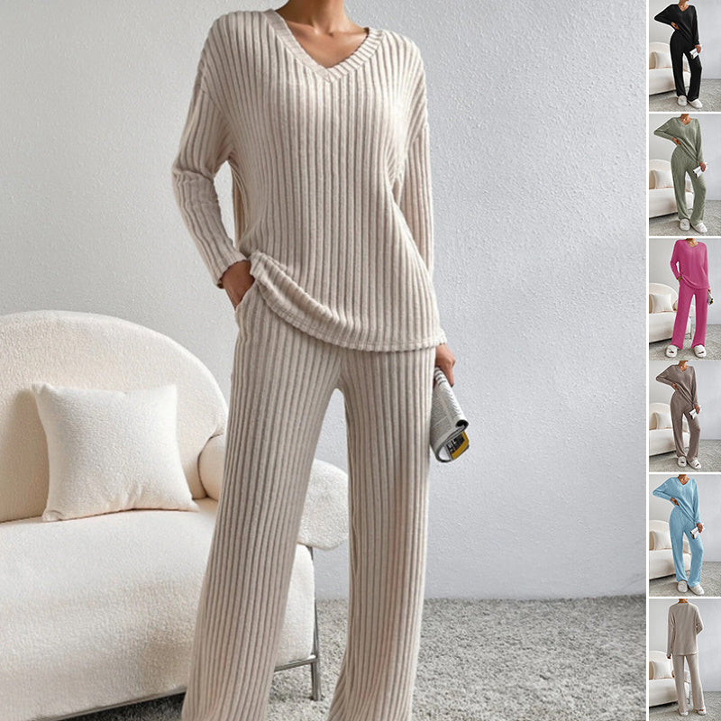 Fashion Solid Striped Suit V-neck Long-sleeved Top And Casual Straight Pants Loose Temperament Women's Clothing