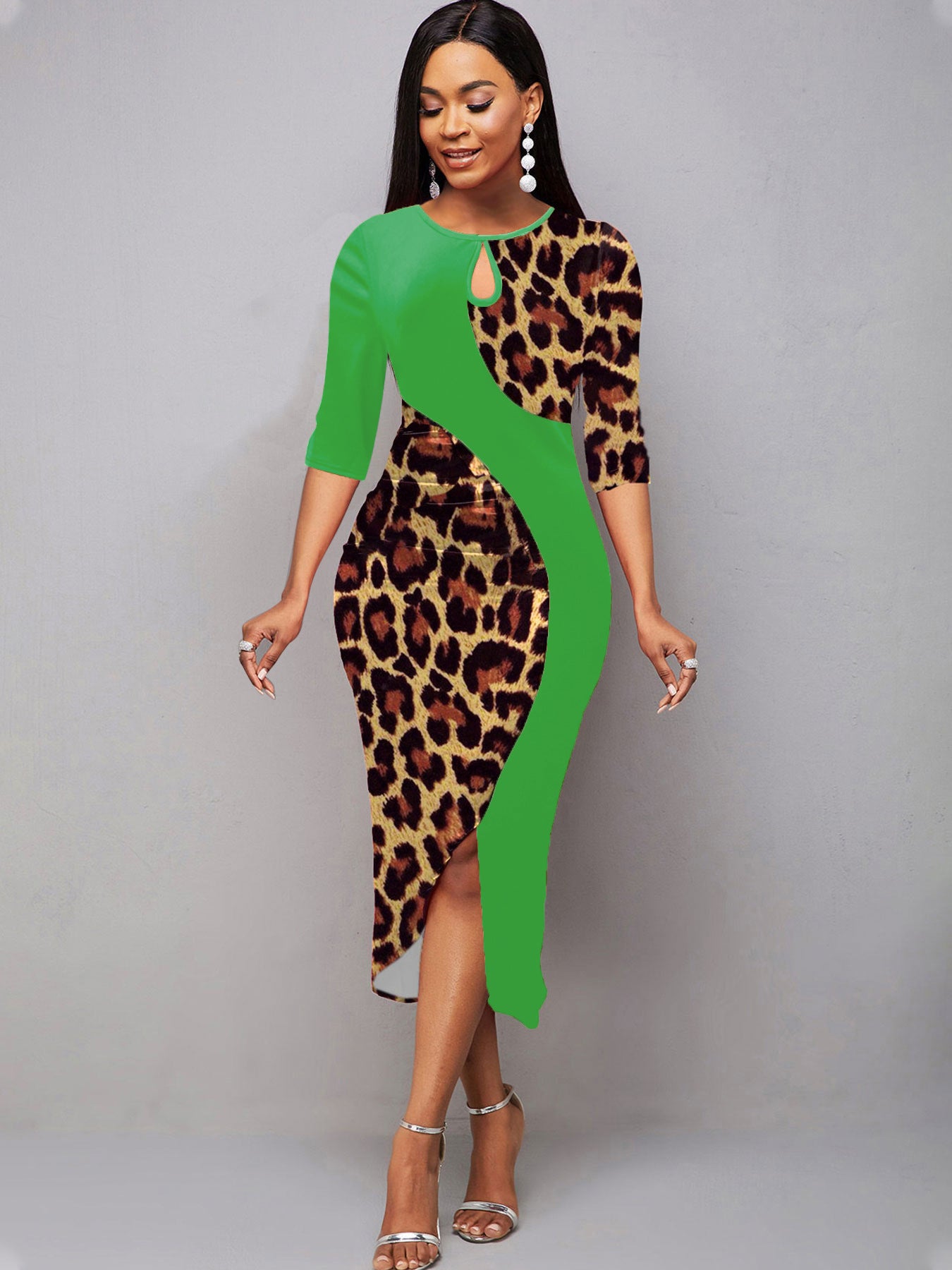 Intellectual Style Elegant Women's Leopard Print Pullover Round Neck Irregular Sheath Dress