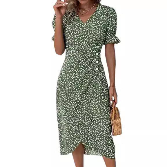 New V-neck Printed Button Irregular Hem Dress