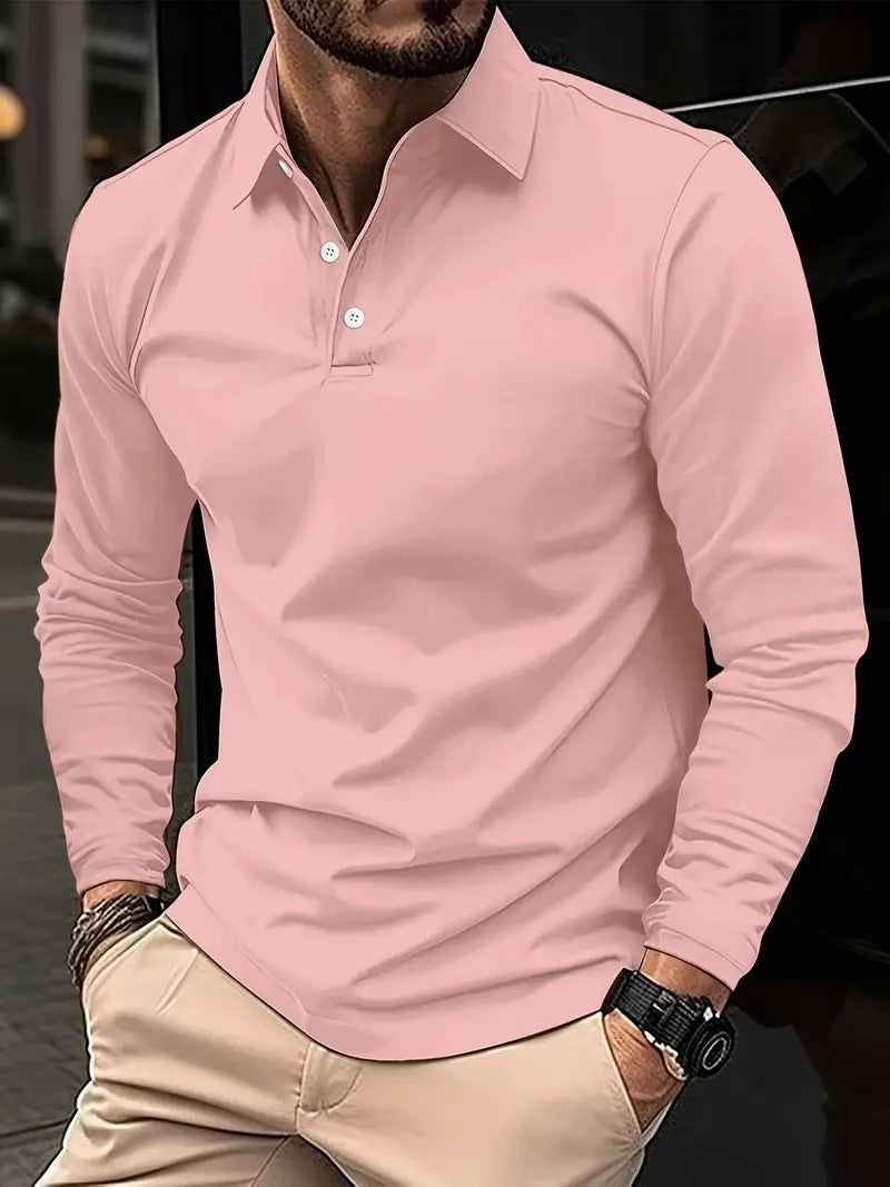 Buckle European And American Men's Daily Casual Polo Collar Long Sleeve Polo Wear