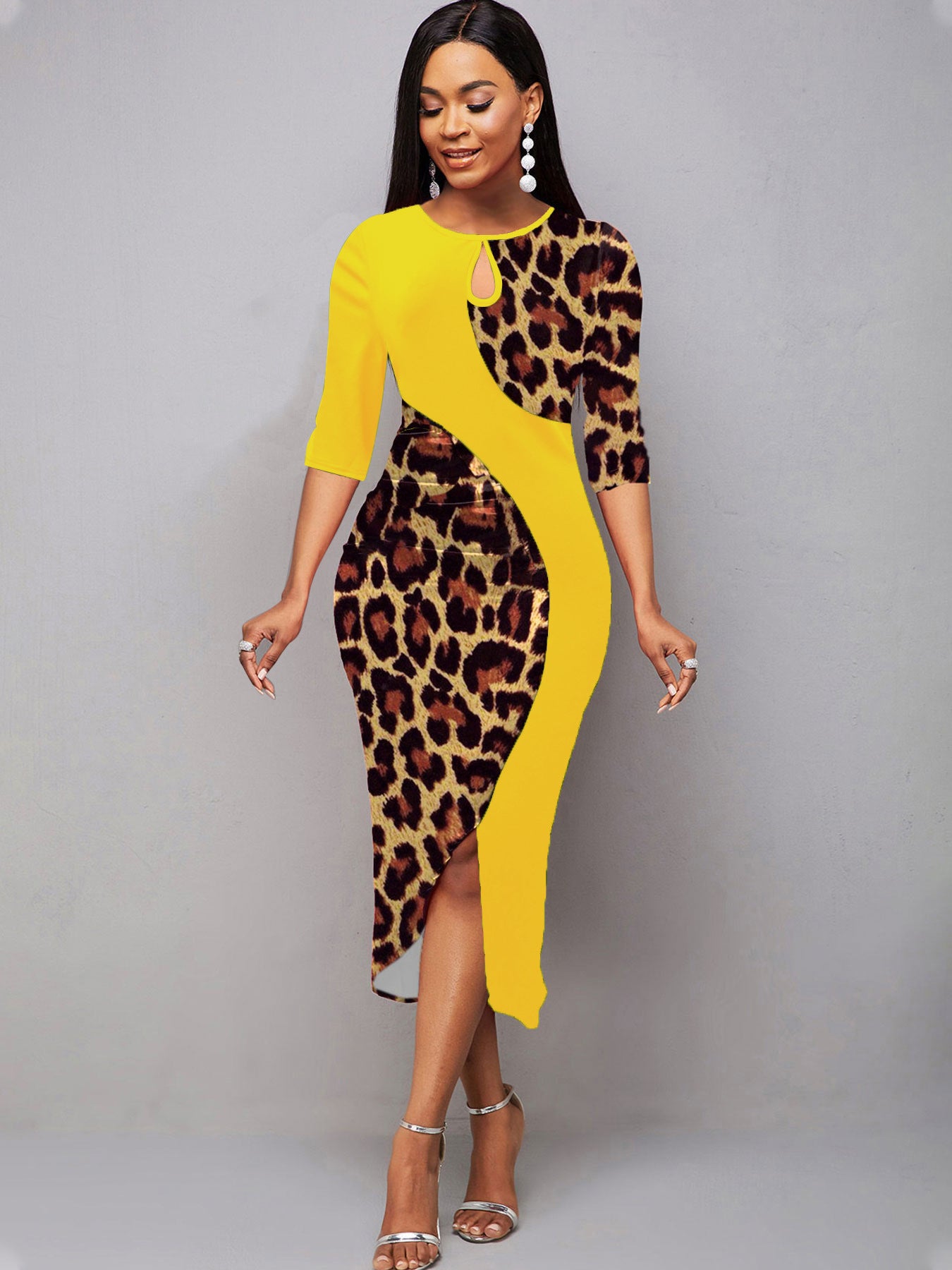 Intellectual Style Elegant Women's Leopard Print Pullover Round Neck Irregular Sheath Dress