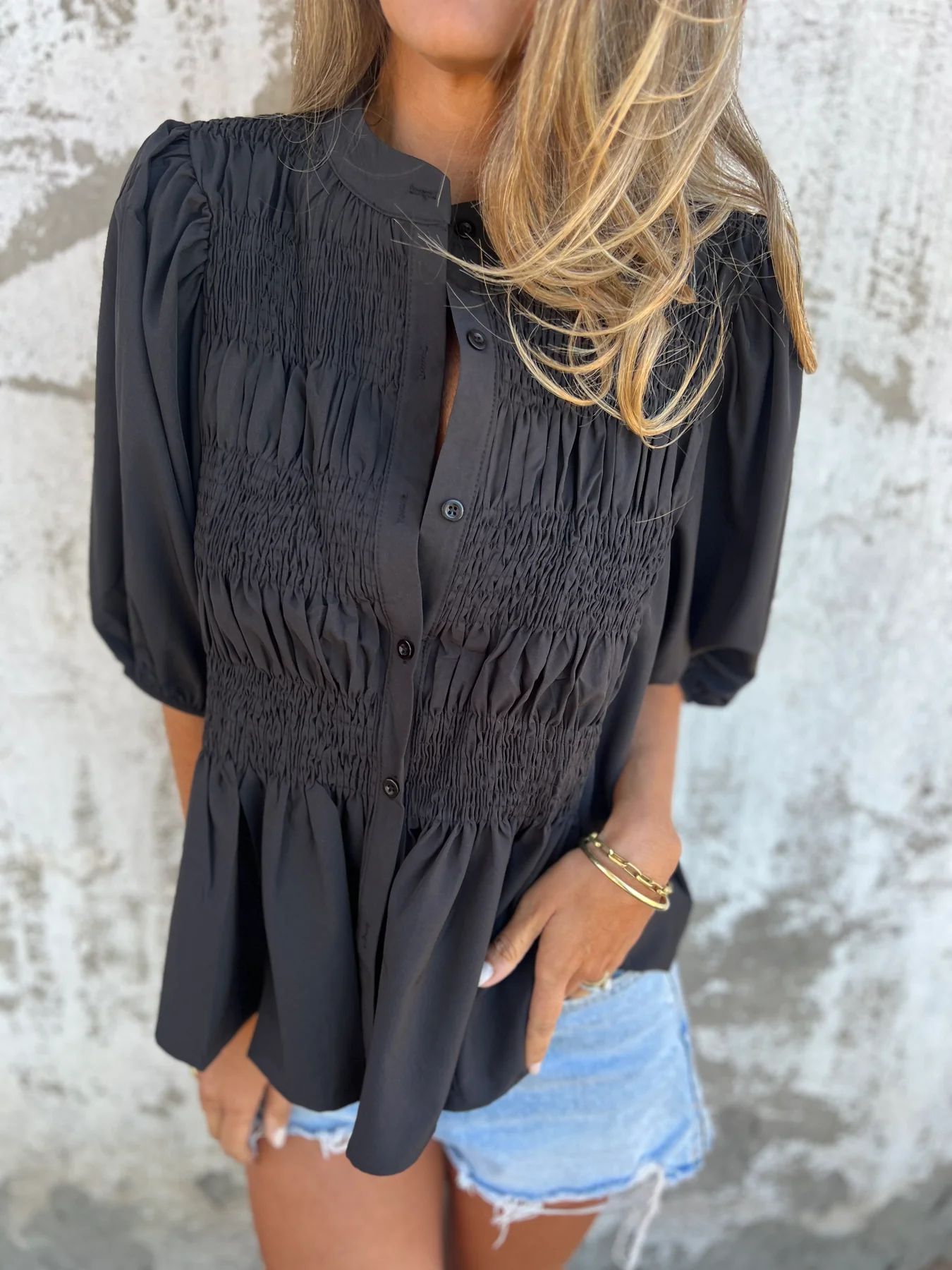 Pleated Button Short-sleeved T-shirt Casual Fashion Loose Solid Color Round Neck Shirt Summer Tops Women's Clothing