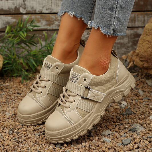 Lace-up Canvas Shoes With Hook Design Fashion Breathable Thick-soled Round-toe Casual Shoes For Women Sneakers