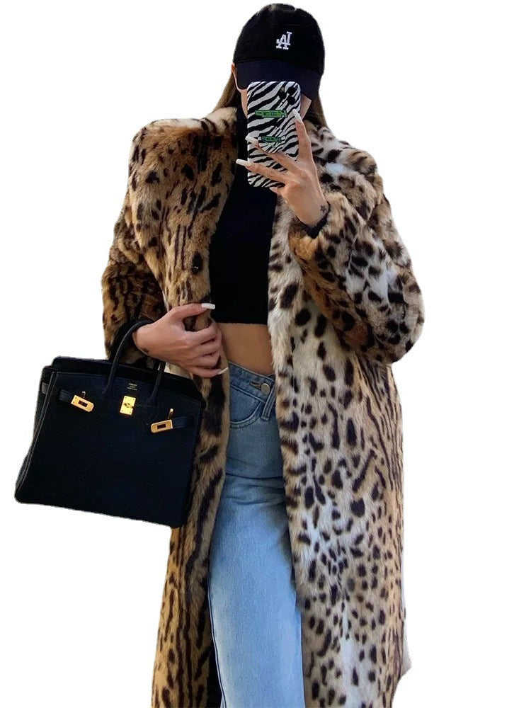 New Leopard Print Faux Fur Coat Women