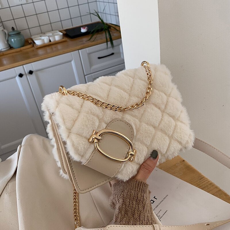 Soft Plush Ladies Square Messenger Bag Winter Female Bag Lady Designer Handbag Chain Shoulder Messenger Bag