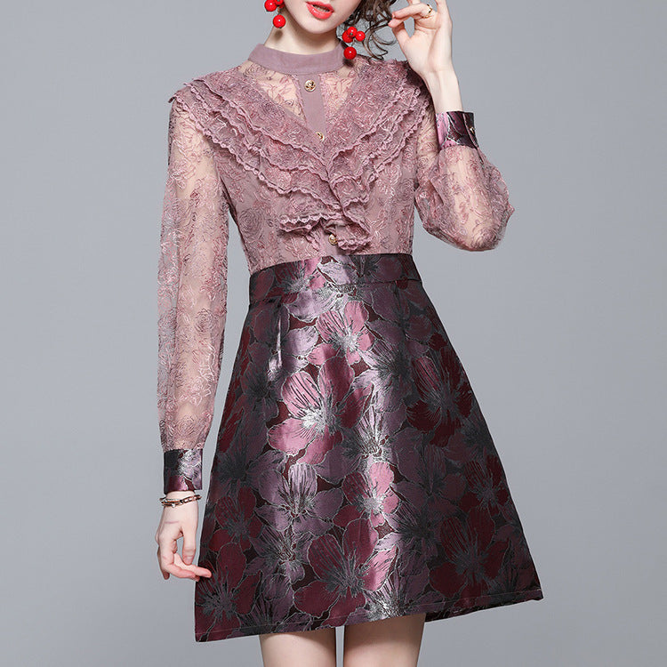 Embroidered Lace Patchwork Long Sleeve Dress Slim A-Line Skirt