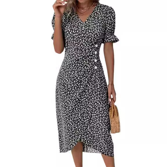 New V-neck Printed Button Irregular Hem Dress