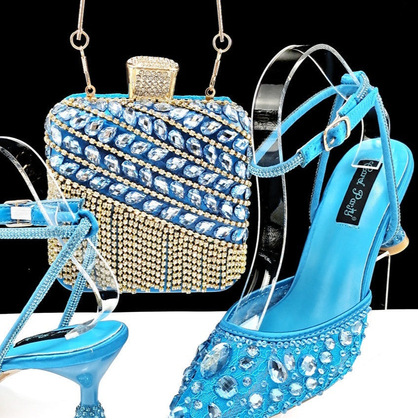 Large Rhinestone High Heel Sandals Three-dimensional Tassel Handbag Set