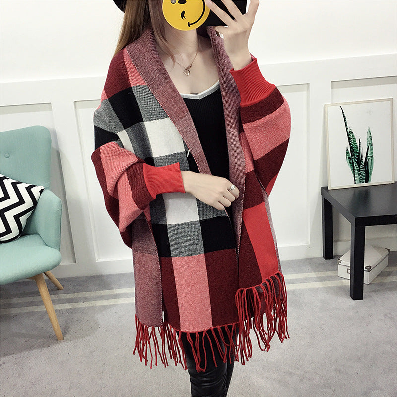 Cape style shawl fringed sweater coat women