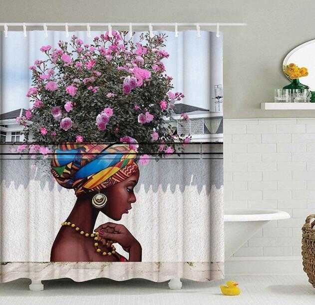 Art Design Graffiti Art Hip Hop African Girl with Black Hair Big Earring with Modern Building Shower Curtain for Bathroom Decor