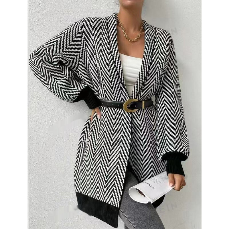 Striped Contrast Color Brocade Sweater Coat For Women