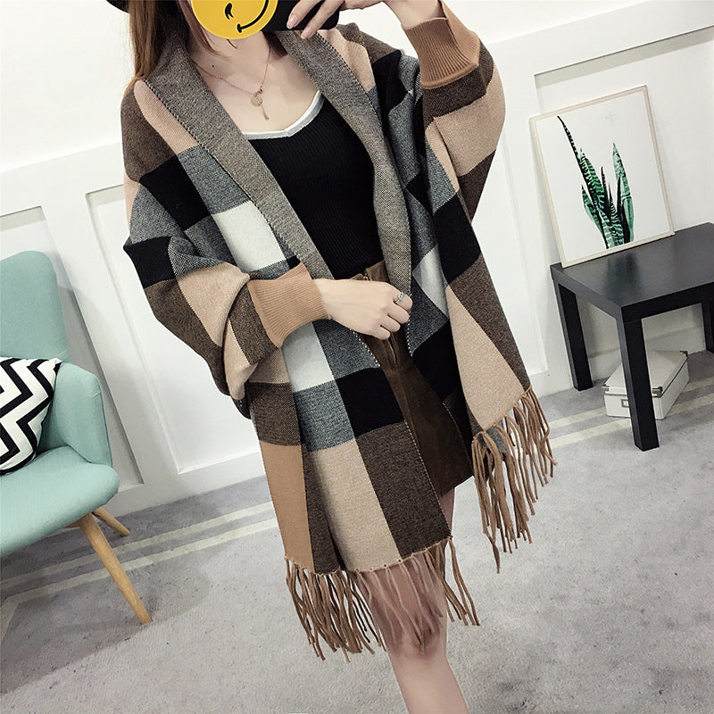 Cape style shawl fringed sweater coat women