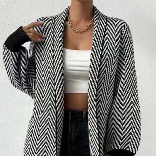 Striped Contrast Color Brocade Sweater Coat For Women